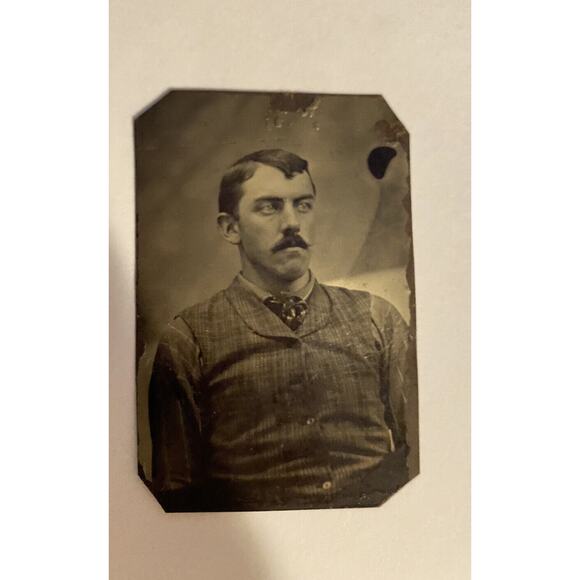 Tintype Photograph Long Faced Man with Mustache, Plaid Jacket and Striped Shirt - Picture 2 of 6